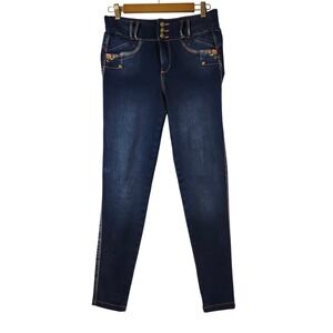 Bon BonUp Womens High Rise Skinny Jeans Dark Wash Floral Embroidered Blue Size12